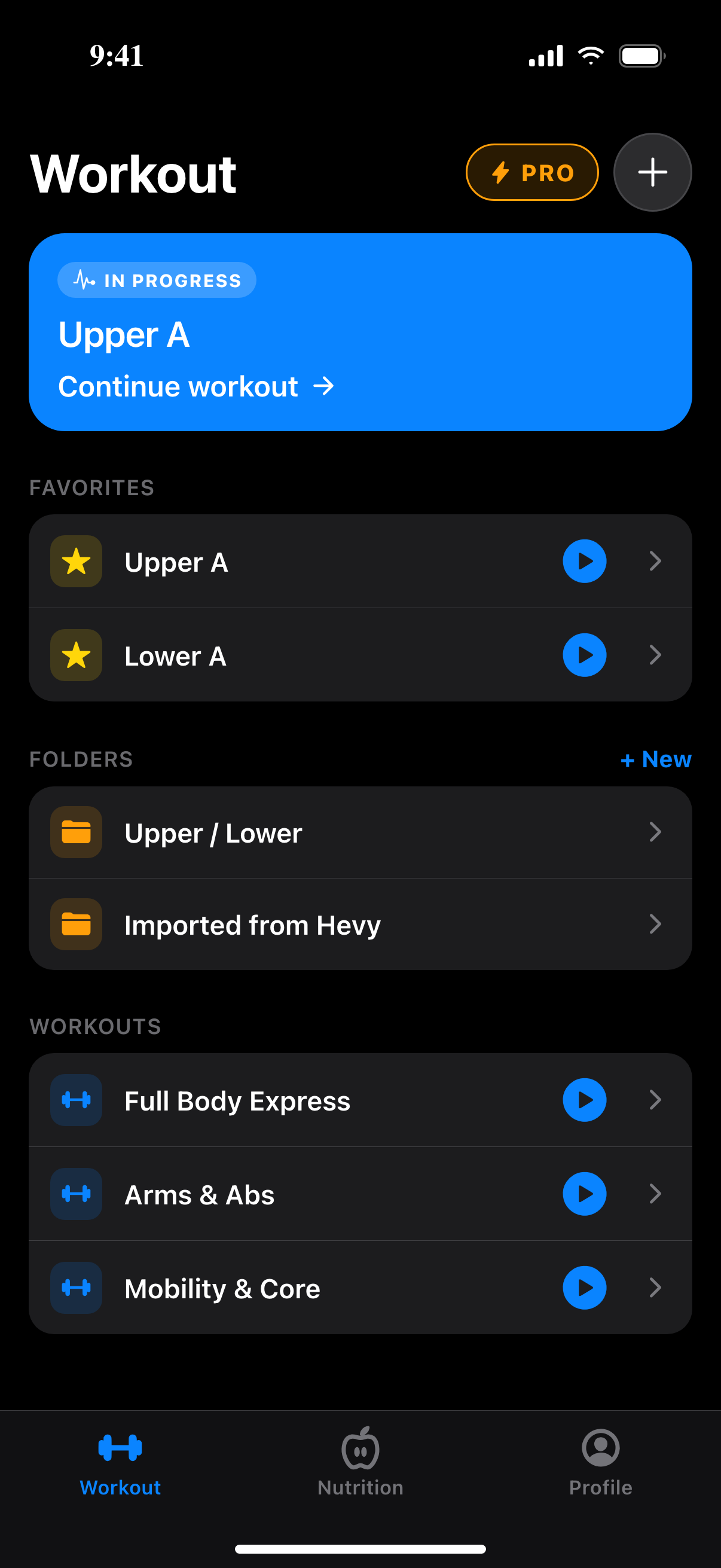 Workout tab with favourite routines and a workout in progress