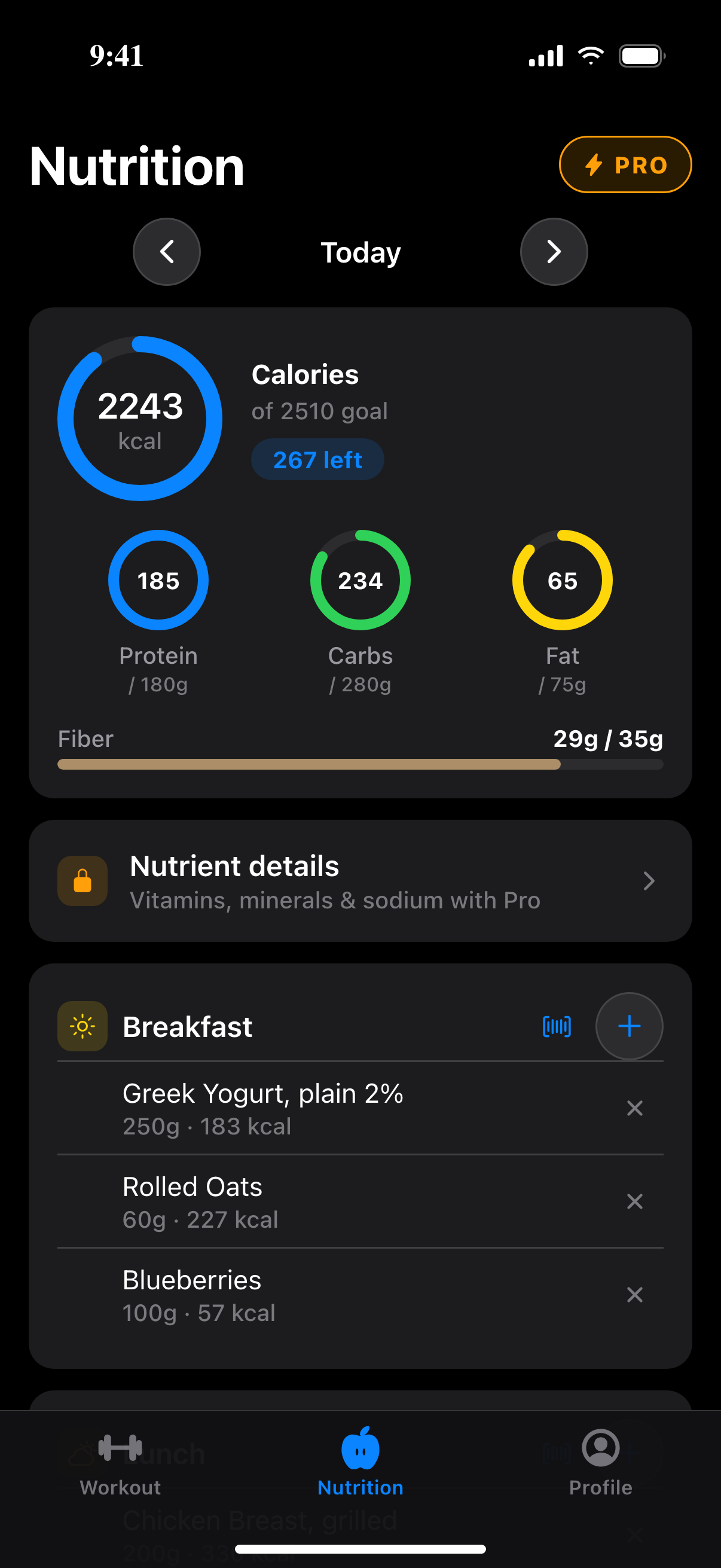 Nutrition tab showing calories and macros for the day
