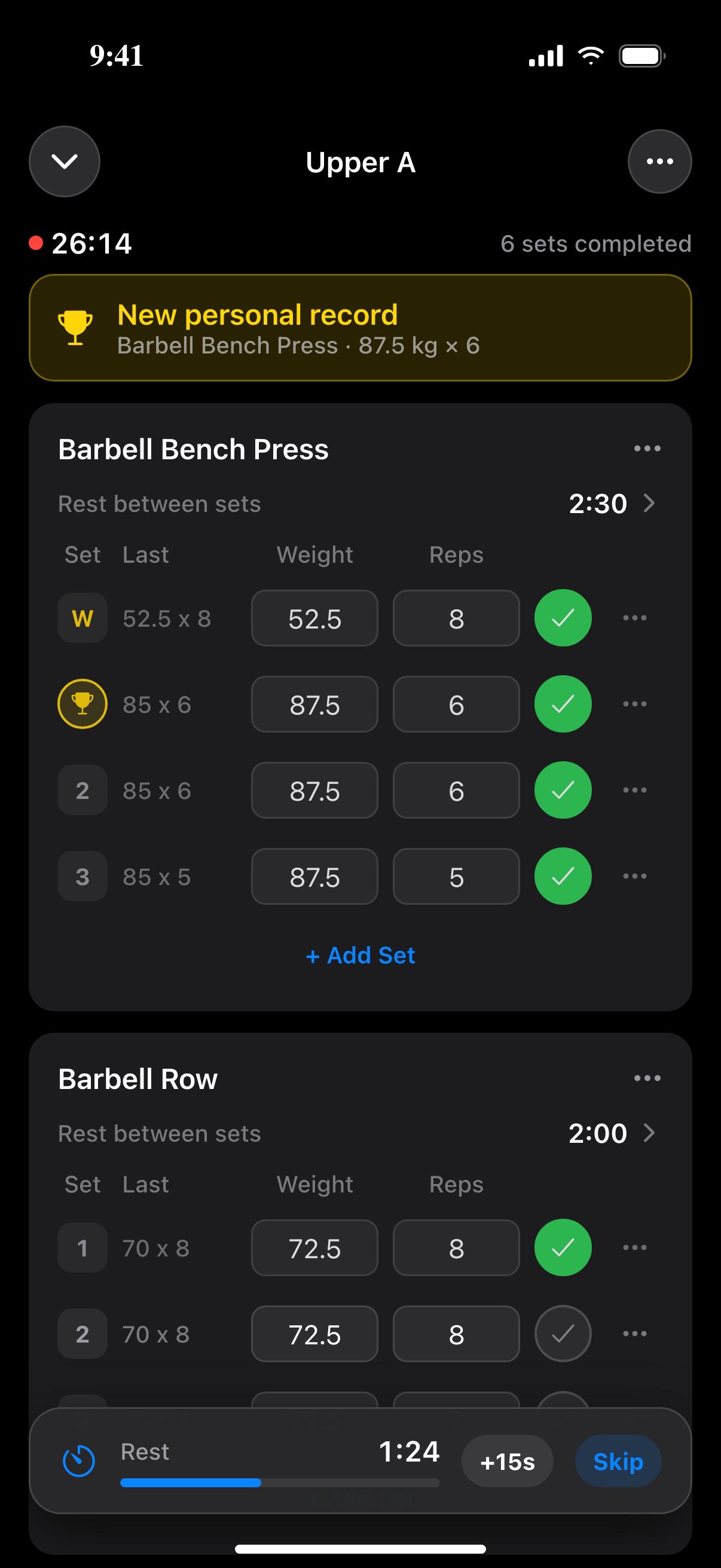 A workout in progress with sets, weights and reps