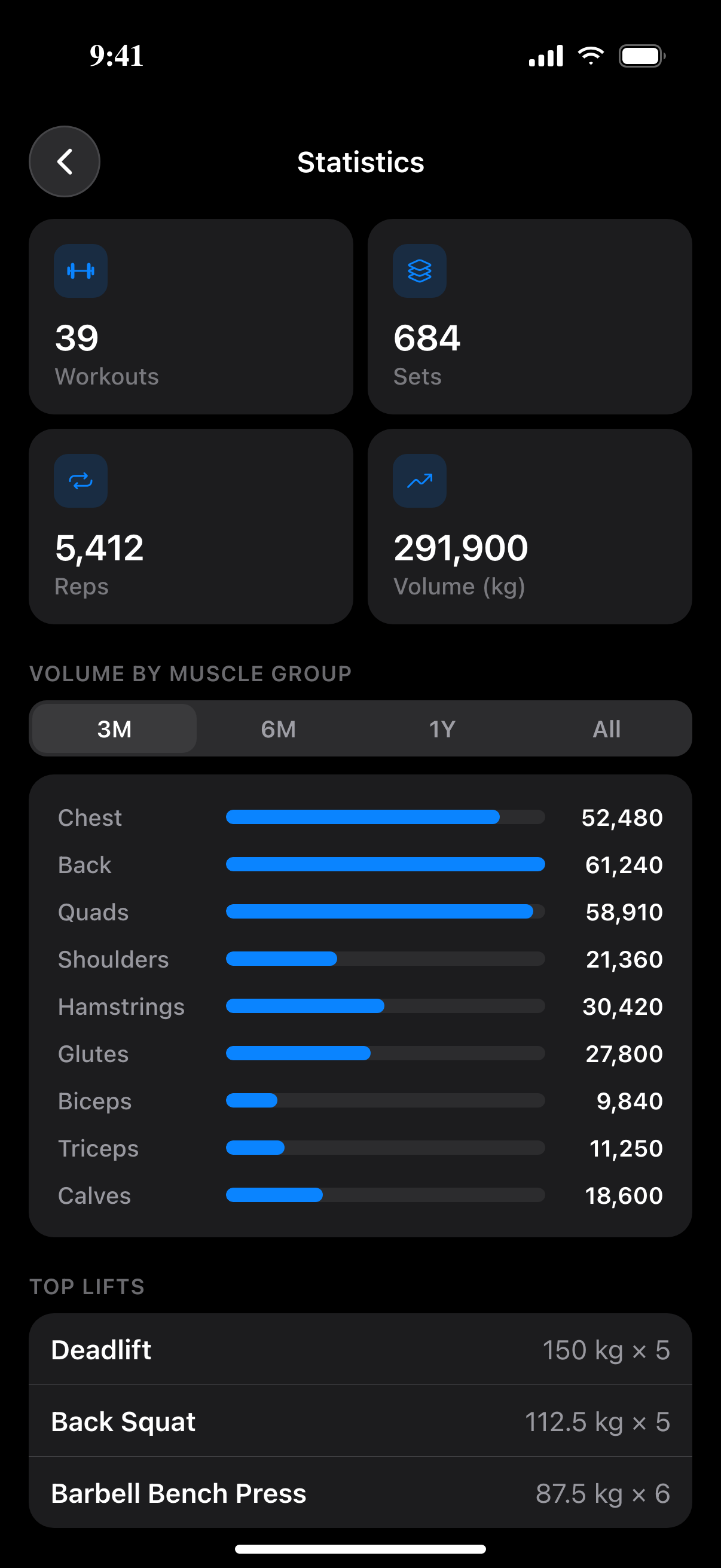 Statistics screen with total workouts, volume and muscle group breakdown